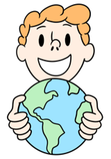 Cartoon character holding Earth